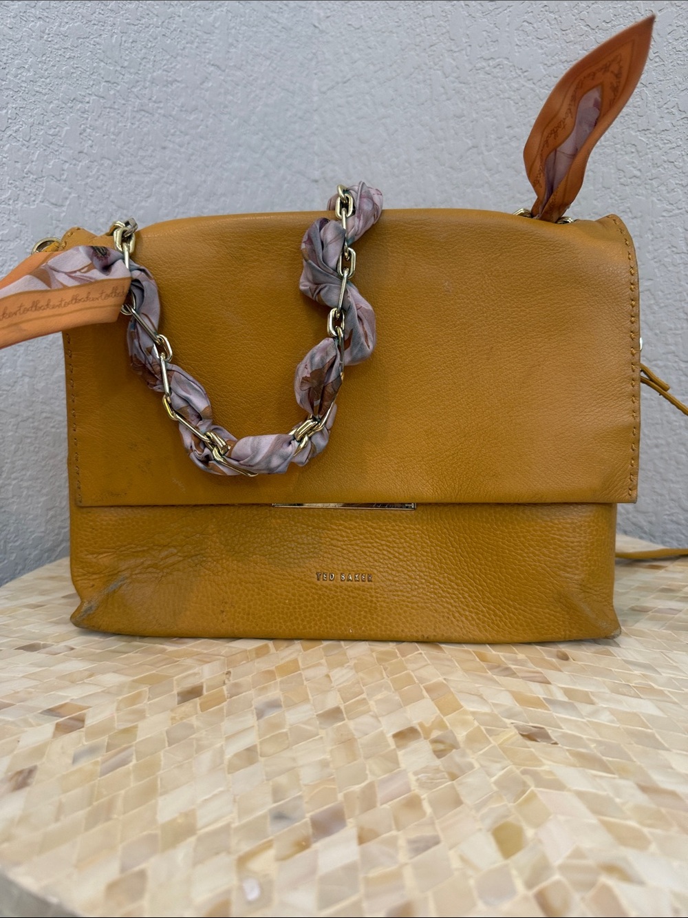 Ted Baker Mustard Yellow Leather Shoulder Bag with Chain-Trim